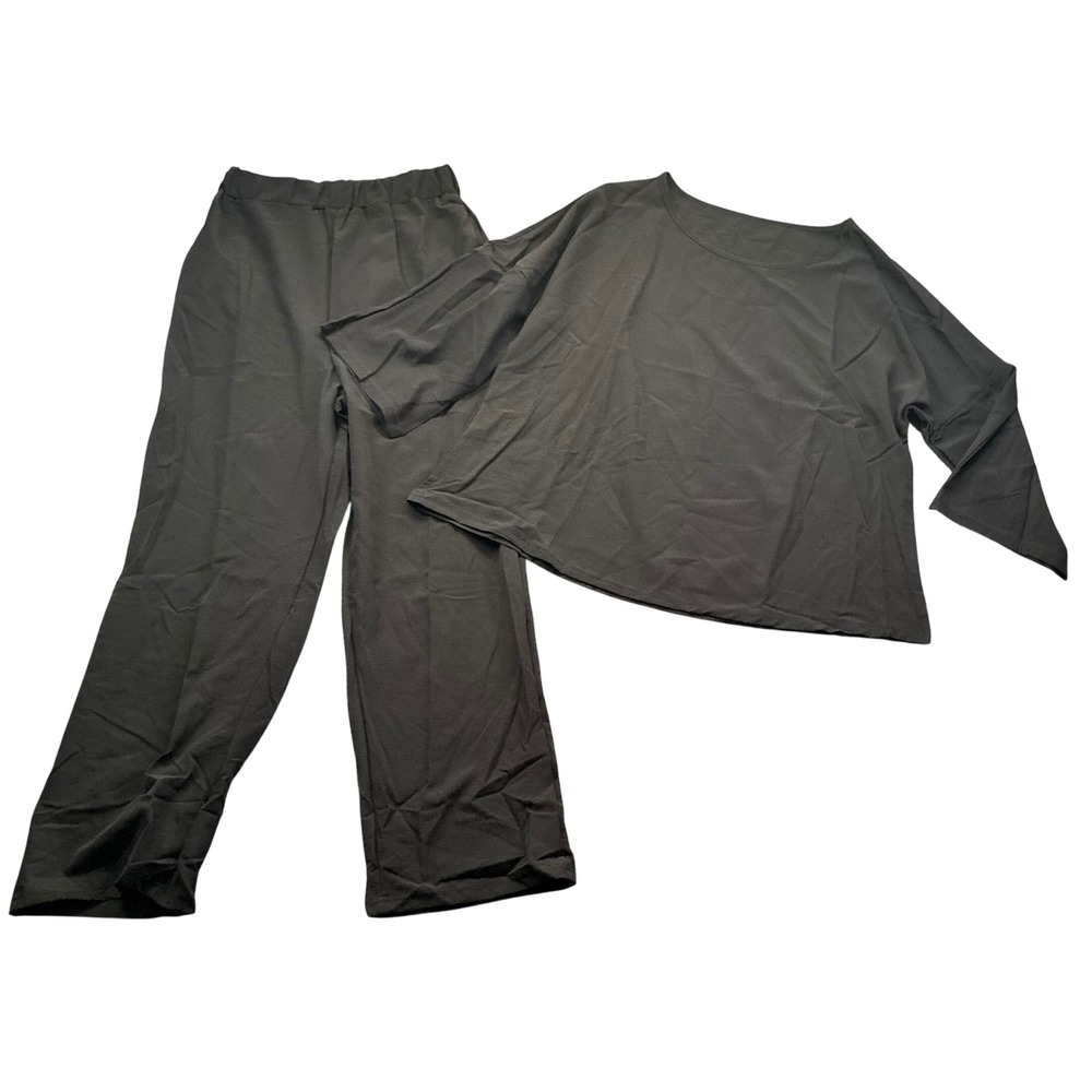 Womens Black 2 Piece Lounge Set Textured Crepe Wide Leg Pants‎ & Oversized Top S